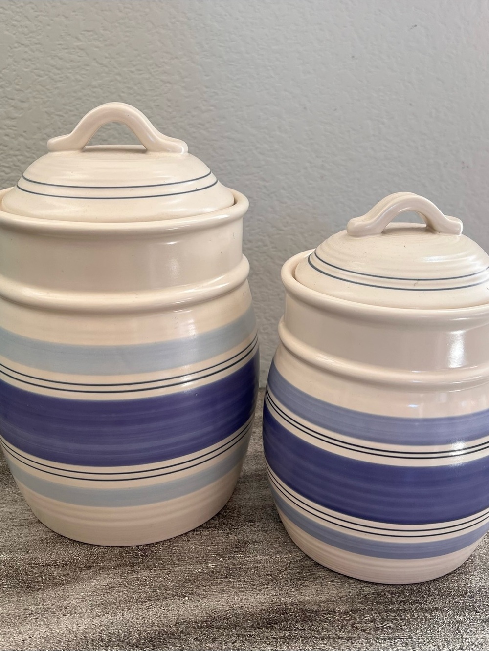 Pfaltzgraff Ceramic Stripe Canister Set of 2 Blue White with Lids 10.5" and 9"